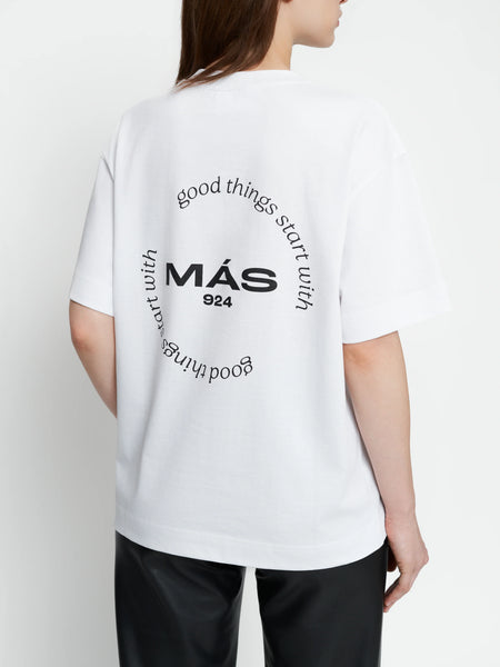 Unisex balti marškinėliai su apvaliu logotipu