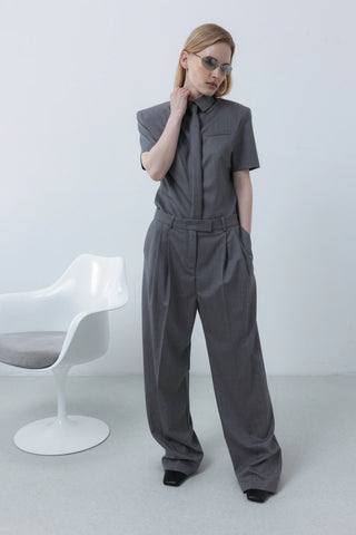 Pleated wide straight melange grey kelnės