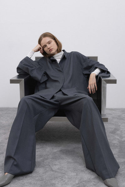 Pleated wide suit grey kelnės