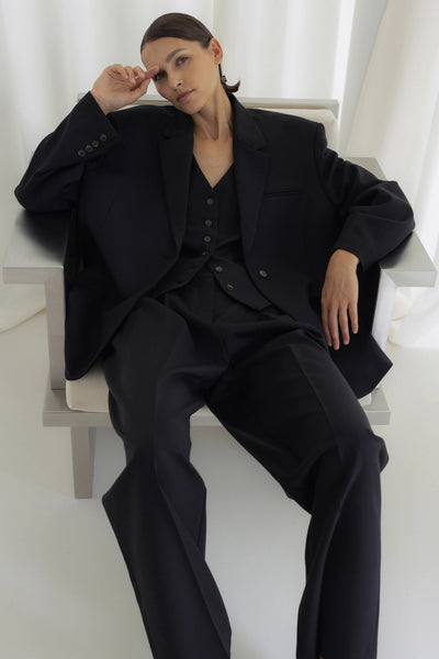 Pleated wide suit black kelnės