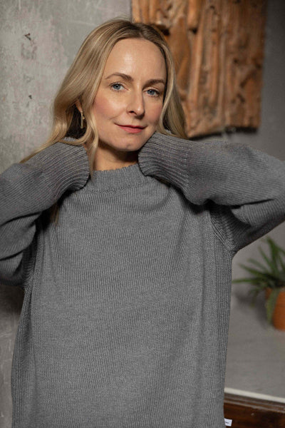 Marina merino vilnos dryžuotas megztinis pilkas