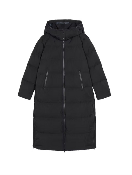 Long hooded down coat with drawstring waist striukė