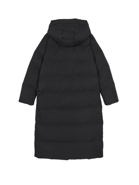 Long hooded down coat with drawstring waist striukė