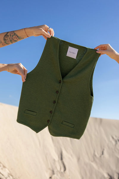 Galante megzta 100% merino liemenė žalia alyvuogė